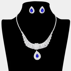 Blue Crystal Teardrops with Rhinestone Cluster Accents Evening Necklace | Prom Necklace Set |  634507