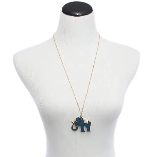 Blue Elephant Rhinestone Charm Necklace
