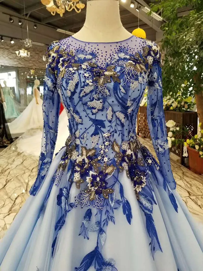 Blue mothers of brides dresses O-neck long tulle sleeves