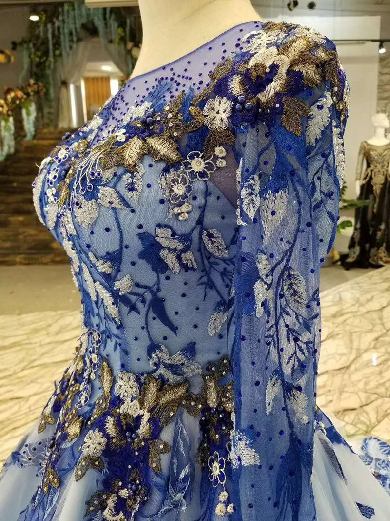 Blue mothers of brides dresses O-neck long tulle sleeves