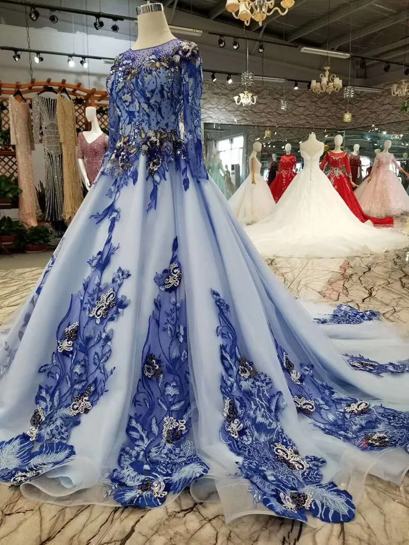 Blue mothers of brides dresses O-neck long tulle sleeves