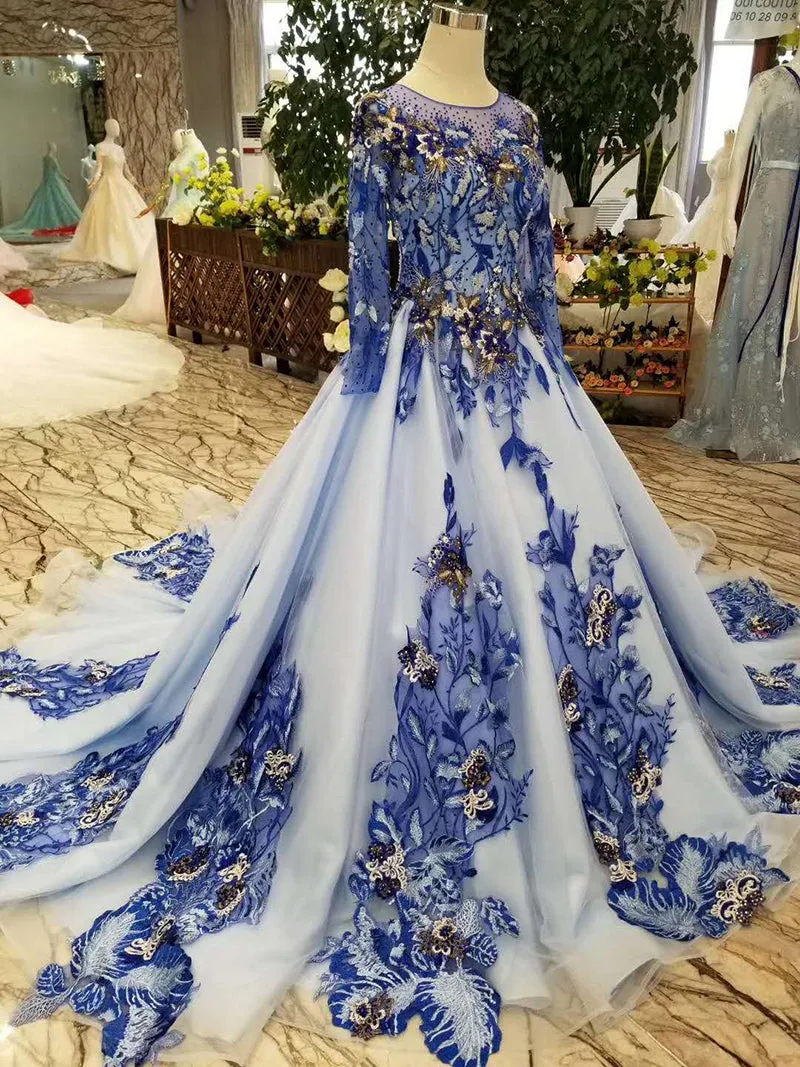 Blue mothers of brides dresses O-neck long tulle sleeves