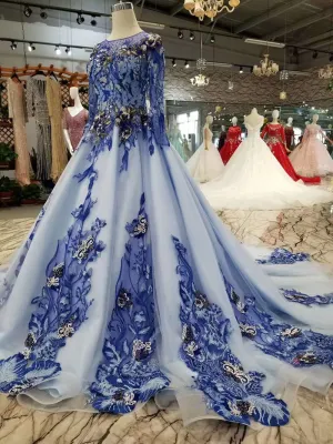 Blue mothers of brides dresses O-neck long tulle sleeves