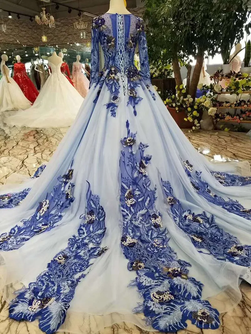 Blue mothers of brides dresses O-neck long tulle sleeves