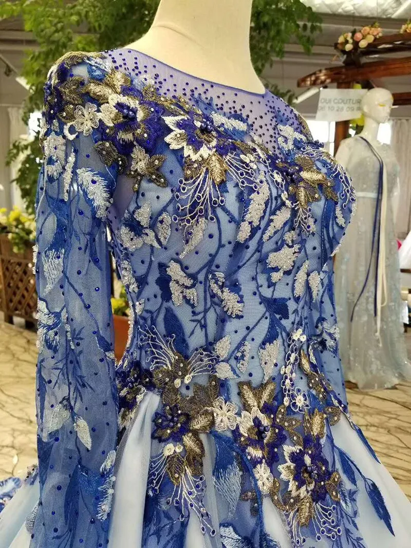 Blue mothers of brides dresses O-neck long tulle sleeves