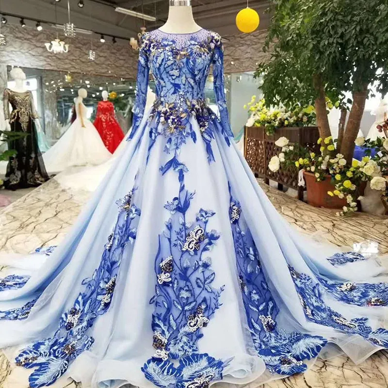 Blue mothers of brides dresses O-neck long tulle sleeves