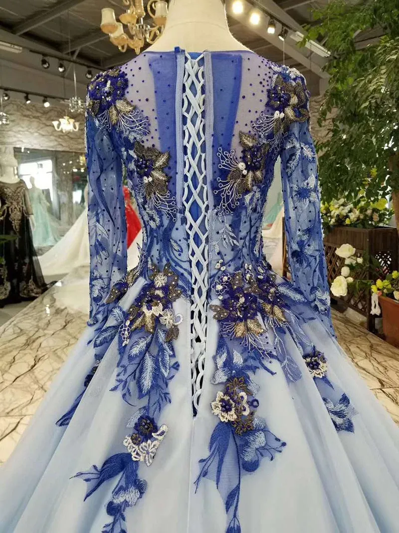 Blue mothers of brides dresses O-neck long tulle sleeves