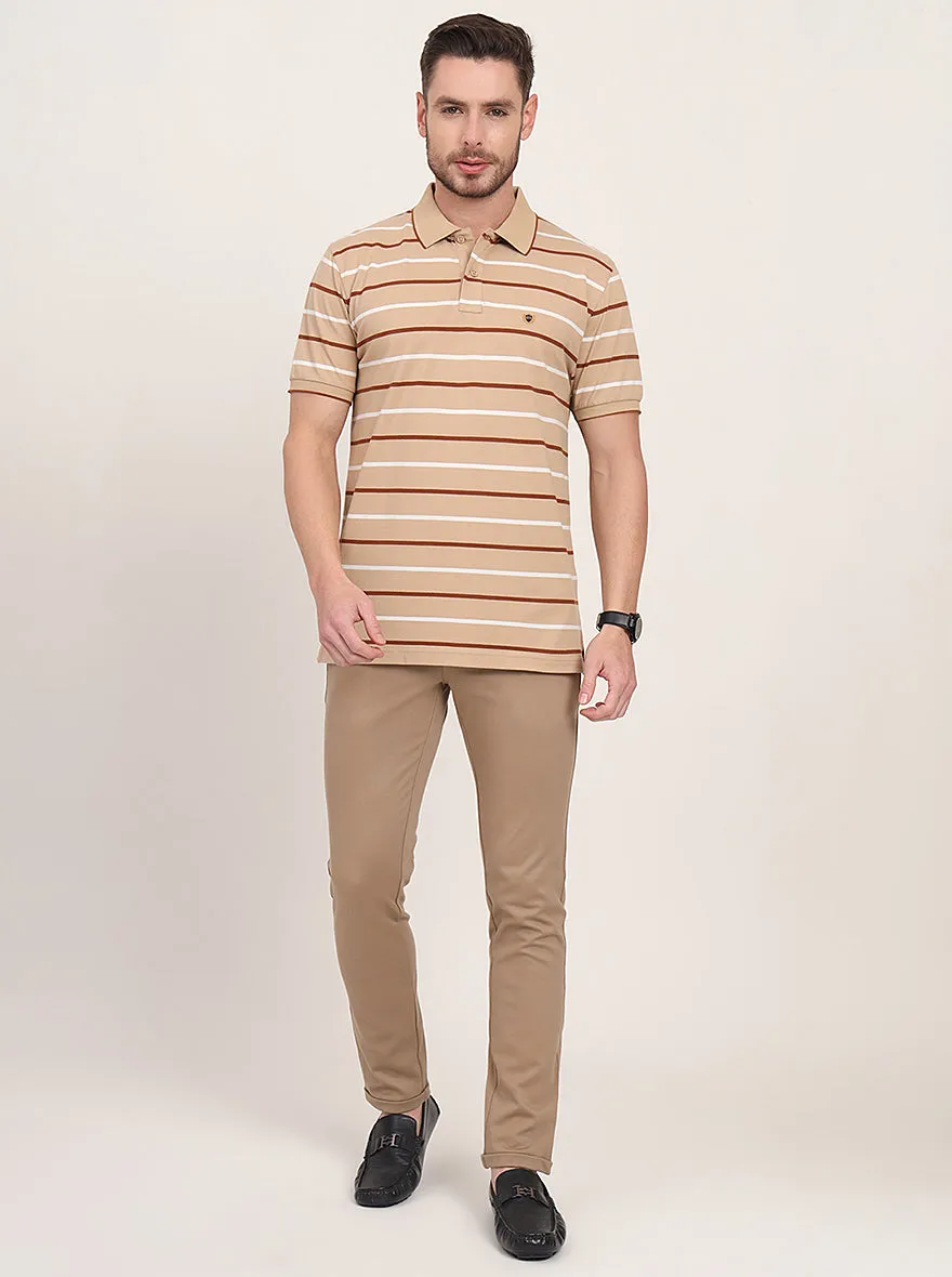 Brown Striped Slim Fit Polo T-Shirt | JadeBlue