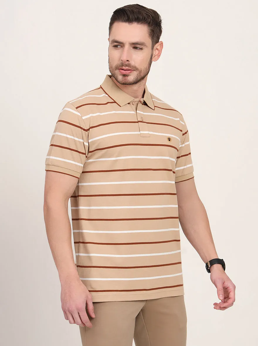 Brown Striped Slim Fit Polo T-Shirt | JadeBlue