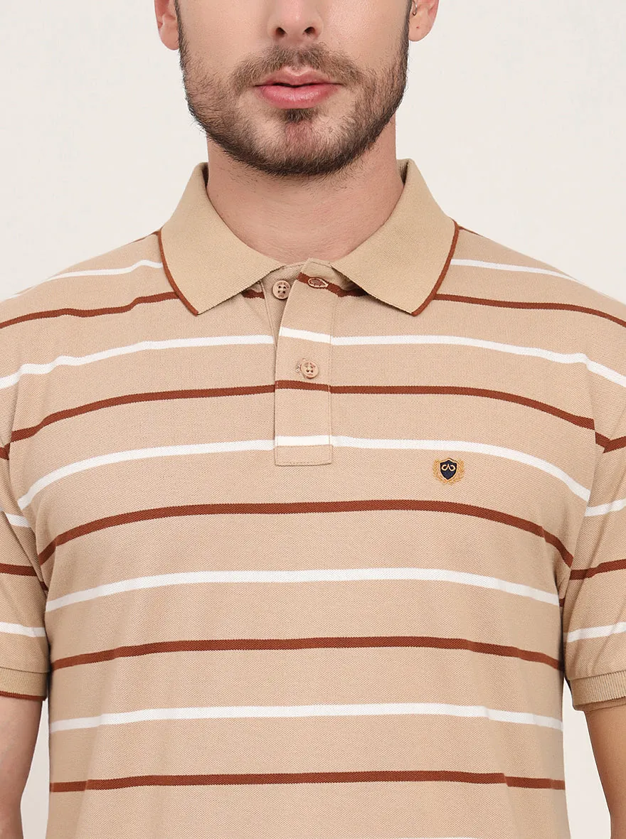 Brown Striped Slim Fit Polo T-Shirt | JadeBlue
