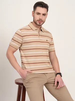 Brown Striped Slim Fit Polo T-Shirt | JadeBlue