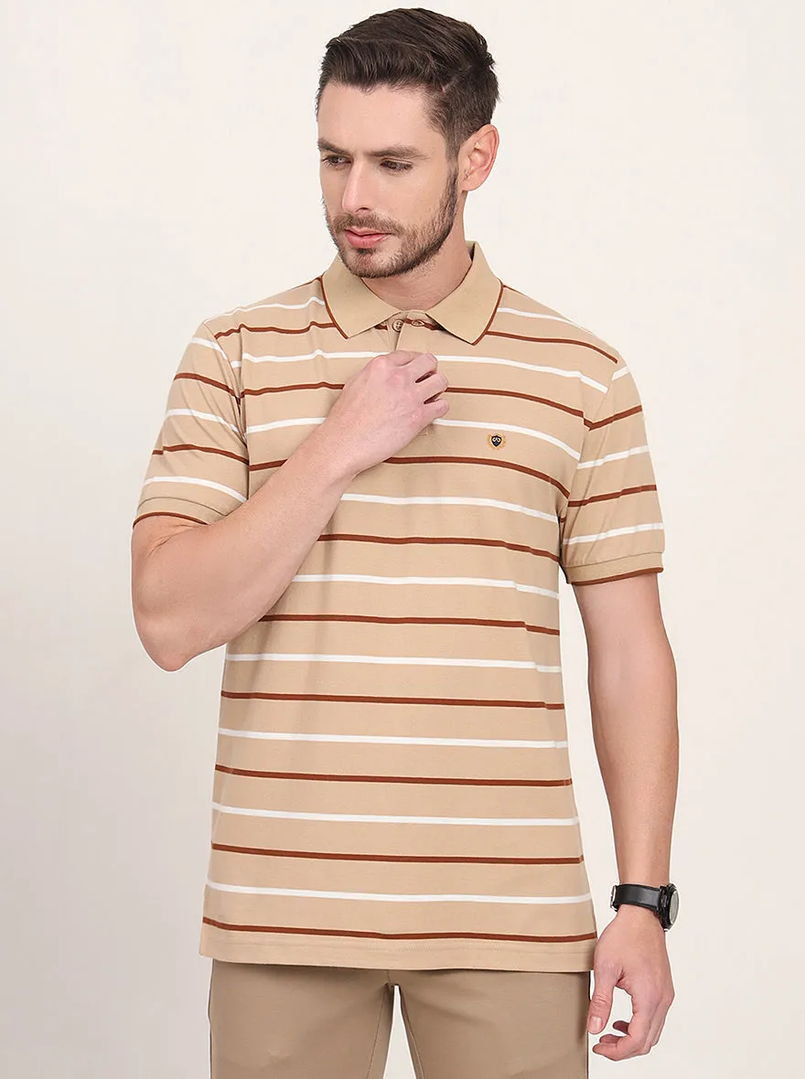 Brown Striped Slim Fit Polo T-Shirt | JadeBlue