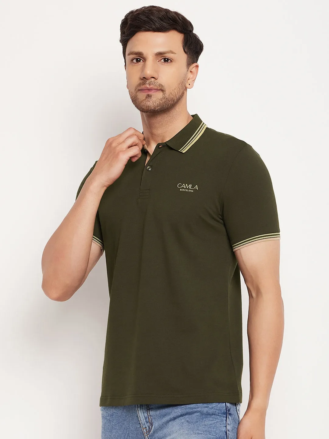 Camla Barcelona Men’S Olive Polo Neck T-Shirt