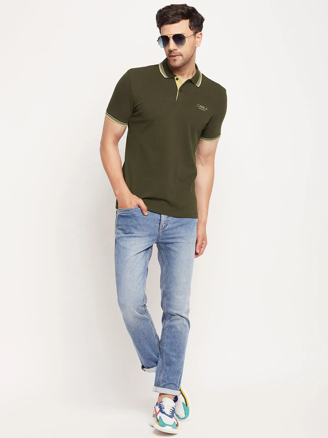 Camla Barcelona Men’S Olive Polo Neck T-Shirt