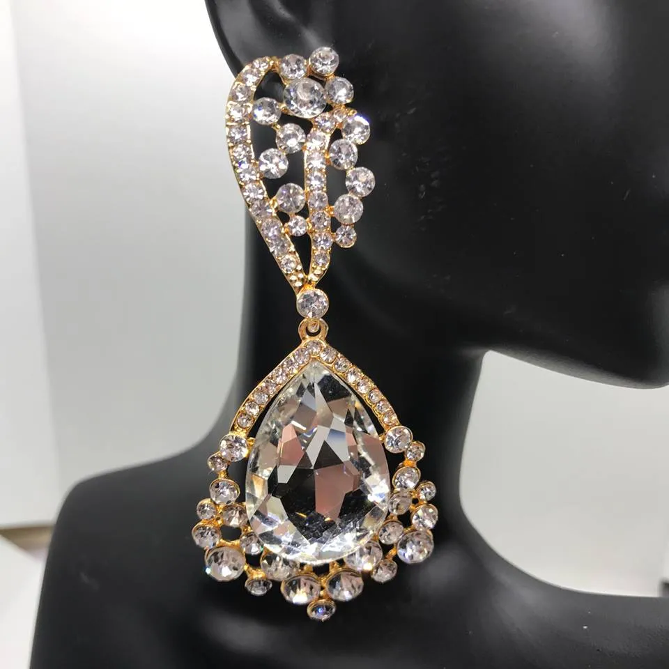 Clear Crystal Chunky Teardrop Earring on Gold | 309042