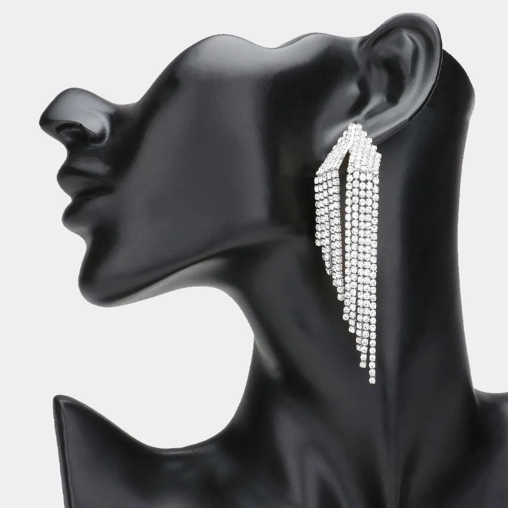 Clear Rhinestone Variegated Fringe Pageant Earrings  | Fringe Evening Earrings |  633017