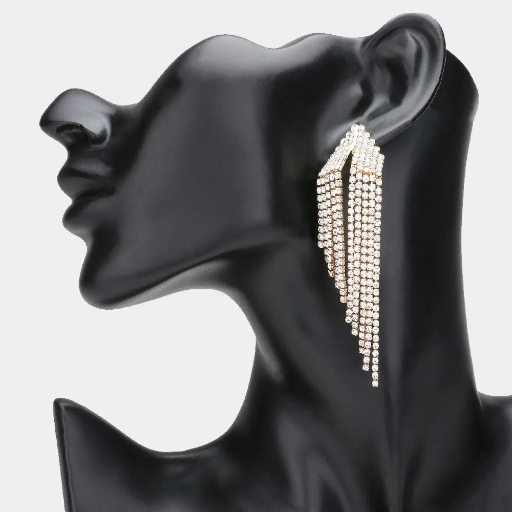 Clear Rhinestone Variegated Fringe Pageant Earrings on Gold | Fringe Evening Earrings |  633015