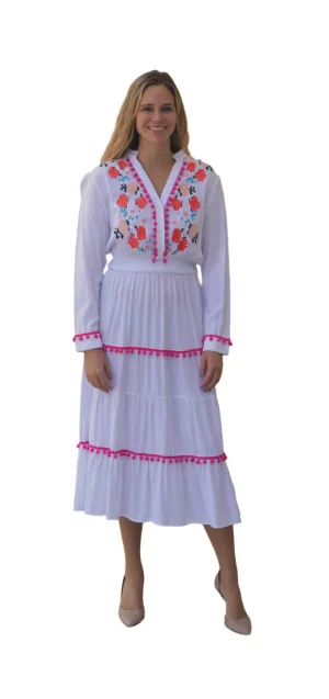 Colorful Embroidered Pompom Dress