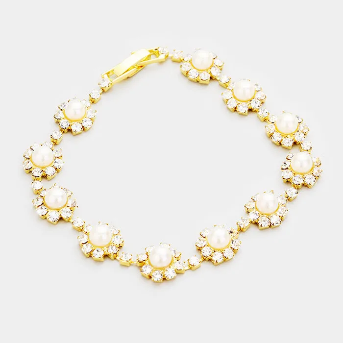 Cream Round Pearl & Crystal Rhinestone Rosette Evening Bracelet | 278609