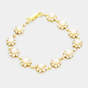 Cream Round Pearl & Crystal Rhinestone Rosette Evening Bracelet | 278609
