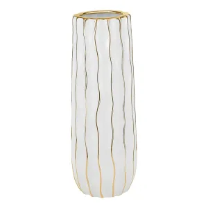 (D) Tall White Footed Vase Decorative Centerpiece, with Gold Wavy Design (Large 6" x 15.7")