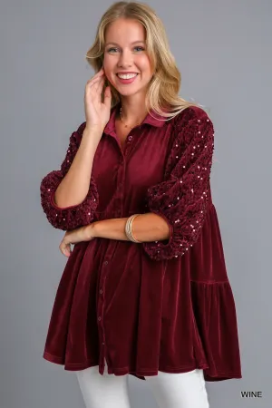 Daniela Velvet Tunic Dress with Sequin Sleeves - Wine