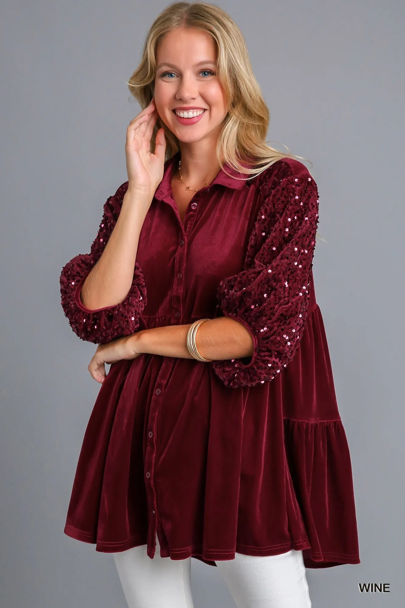 Daniela Velvet Tunic Dress with Sequin Sleeves - Wine