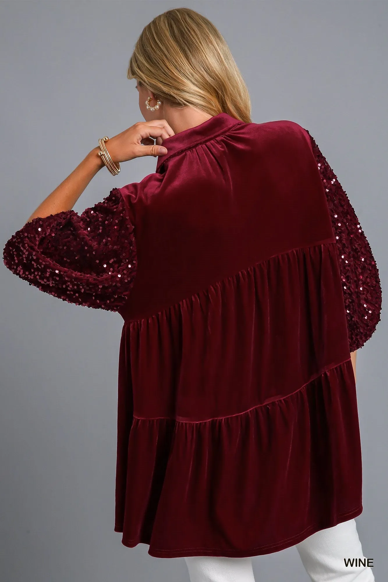 Daniela Velvet Tunic Dress with Sequin Sleeves - Wine