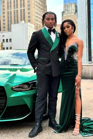 Dark Green Silver Beaded Velvet High Split Mermaid Prom Dresses