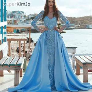 detachable skirt evening dresses 2020 lace appliqué blue beaded elegant satin evening gown
