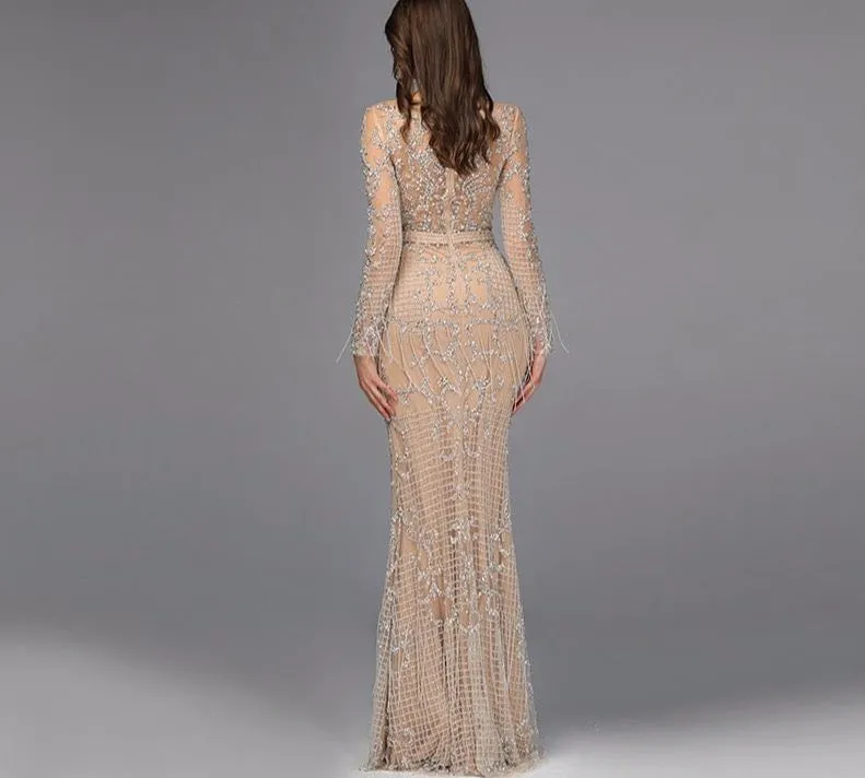 Dubai Luxury Long Sleeve Sparkle Evening Dresses Sequined Beading Evening Gowns