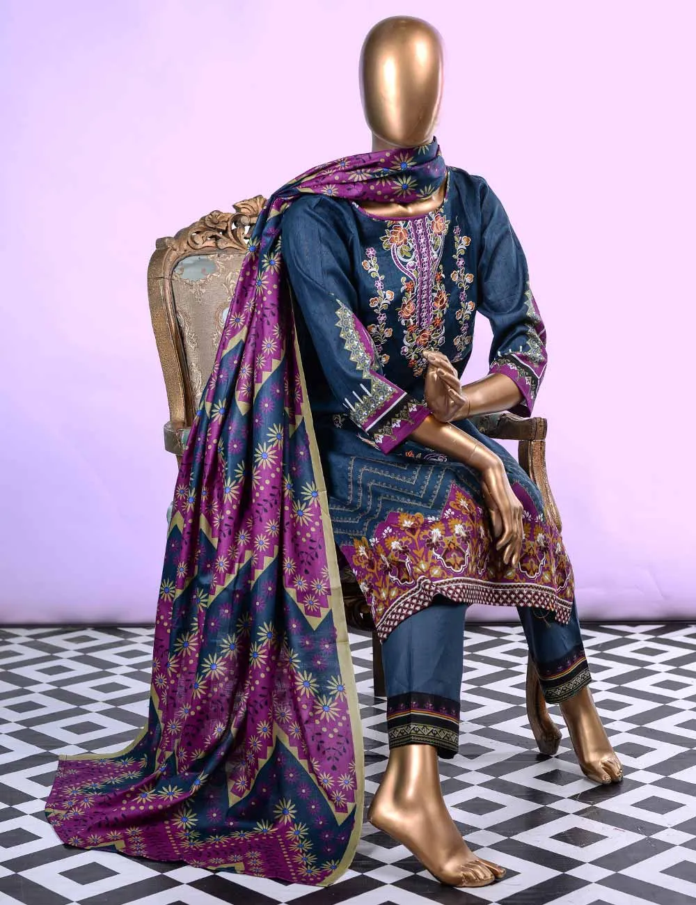 E2-3B - Evening Delight  |  Unstitched Printed & Embroidered Cambric Dress