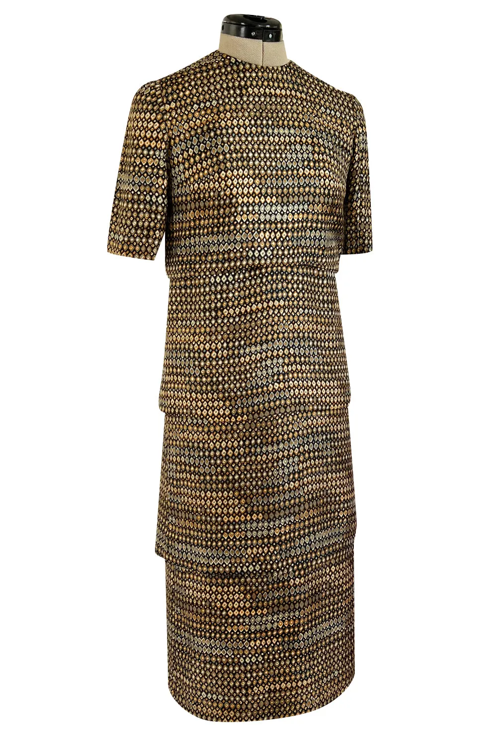 Elegant 1960s Madame Gres Haute Couture Printed & Tiered Silk Day Dress