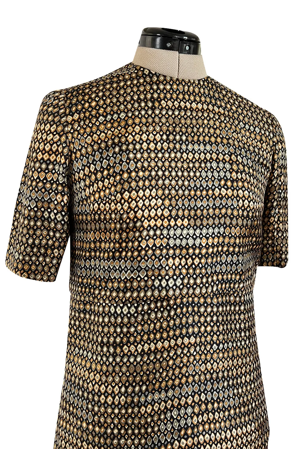Elegant 1960s Madame Gres Haute Couture Printed & Tiered Silk Day Dress