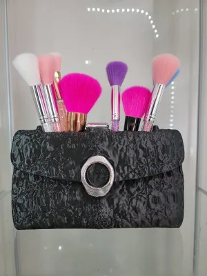 Elegant Black Clutch Makeup Brush Holder - Luxurious Vanity Organizer