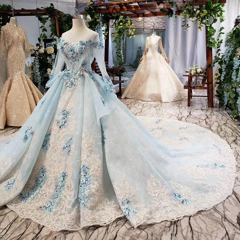Elegant evening dress with blue appliques flowers
