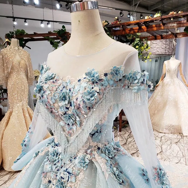 Elegant evening dress with blue appliques flowers