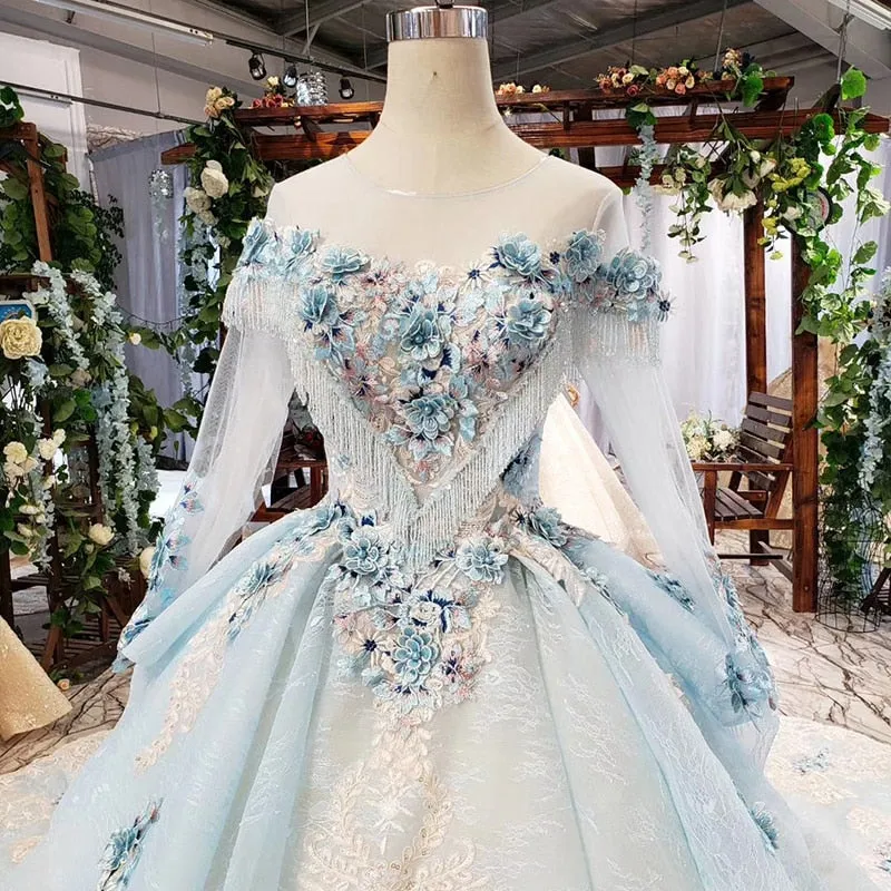 Elegant evening dress with blue appliques flowers