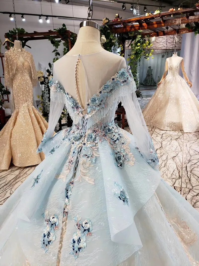 Elegant evening dress with blue appliques flowers