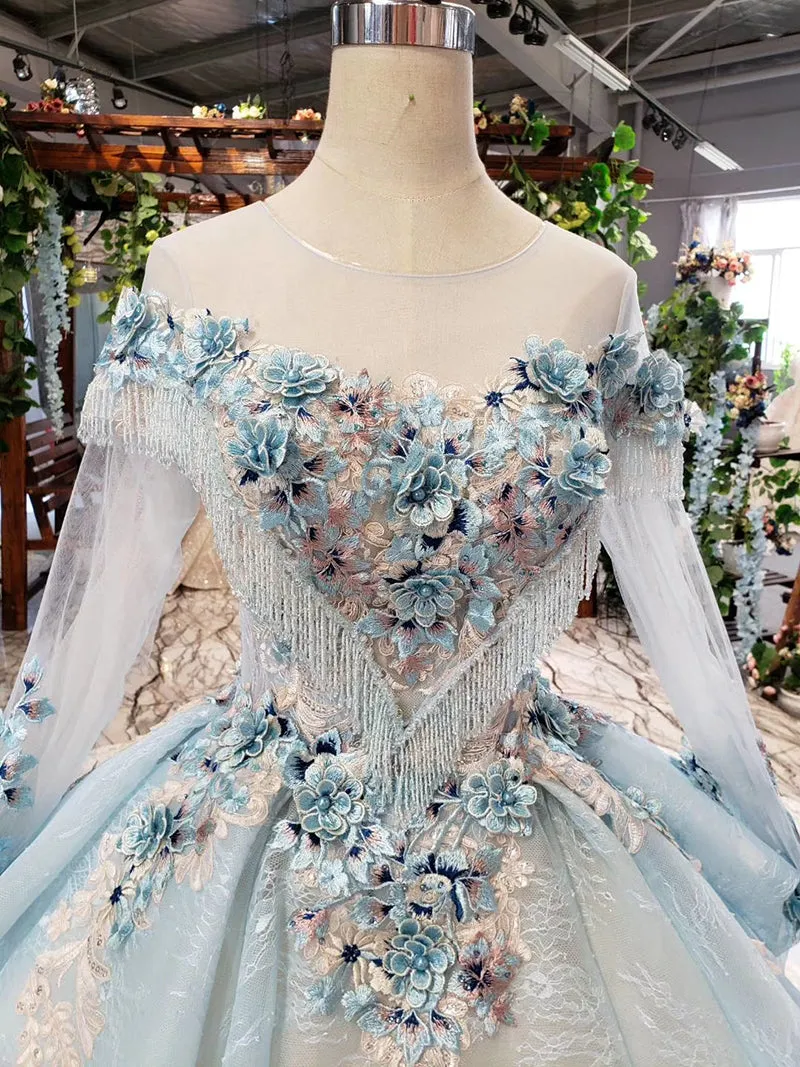 Elegant evening dress with blue appliques flowers