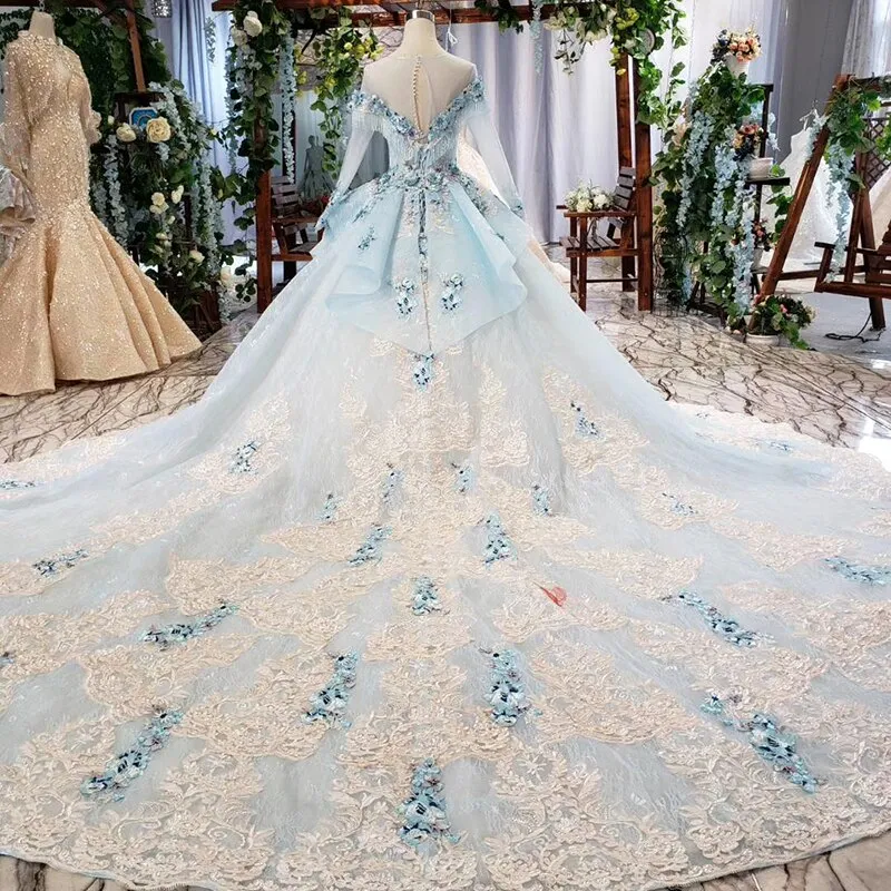Elegant evening dress with blue appliques flowers
