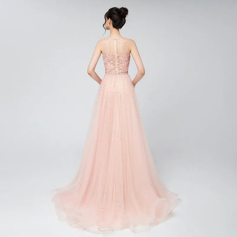 Elegant Evening Dresses Long Blush Dubai Arabic Tulle Beading Applique Formal Sleeveless Party Gowns