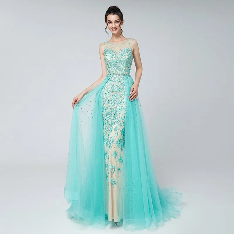Elegant Evening Dresses Long Blush Dubai Arabic Tulle Beading Applique Formal Sleeveless Party Gowns