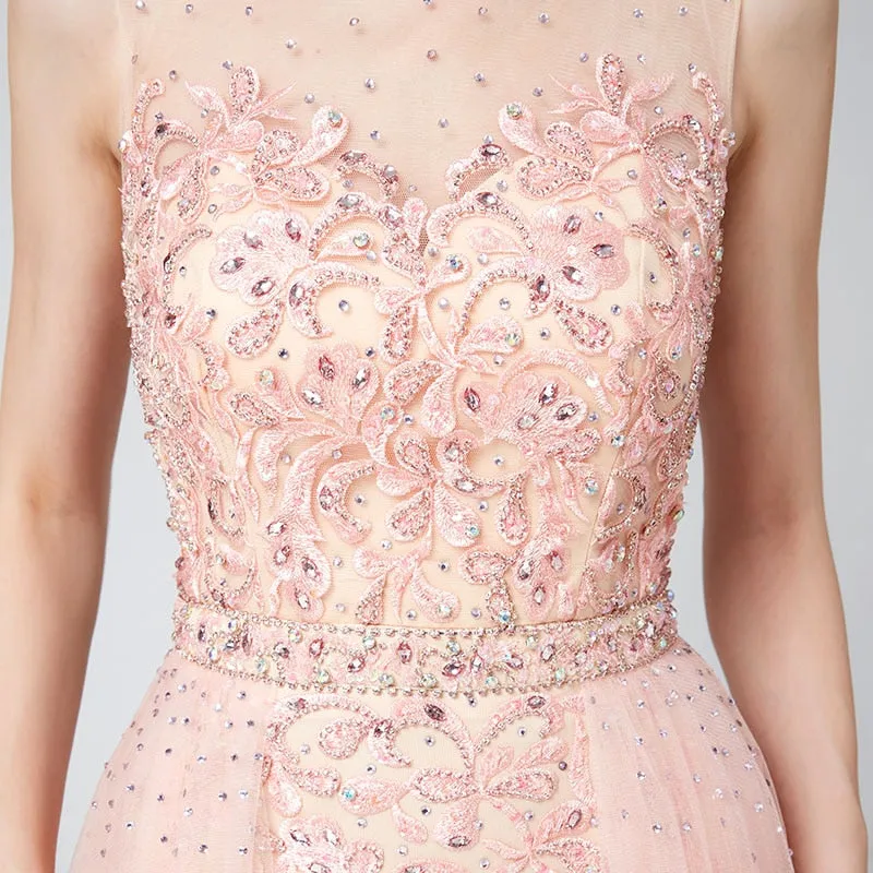 Elegant Evening Dresses Long Blush Dubai Arabic Tulle Beading Applique Formal Sleeveless Party Gowns