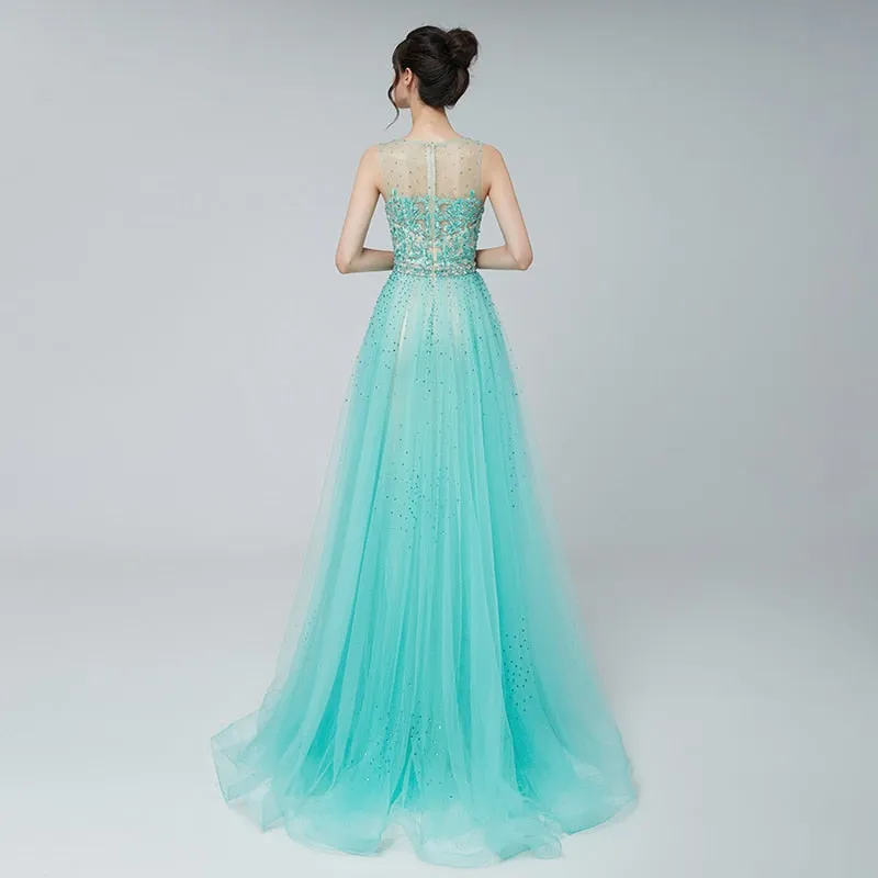 Elegant Evening Dresses Long Blush Dubai Arabic Tulle Beading Applique Formal Sleeveless Party Gowns