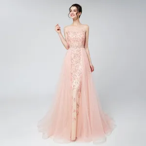 Elegant Evening Dresses Long Blush Dubai Arabic Tulle Beading Applique Formal Sleeveless Party Gowns