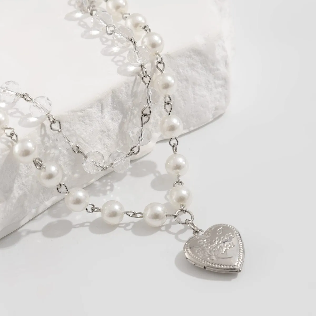 Elegant Layered Floral Heart Pendant Crystal Pearl Chain Necklace