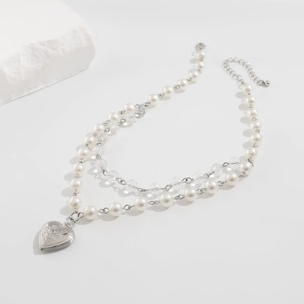 Elegant Layered Floral Heart Pendant Crystal Pearl Chain Necklace