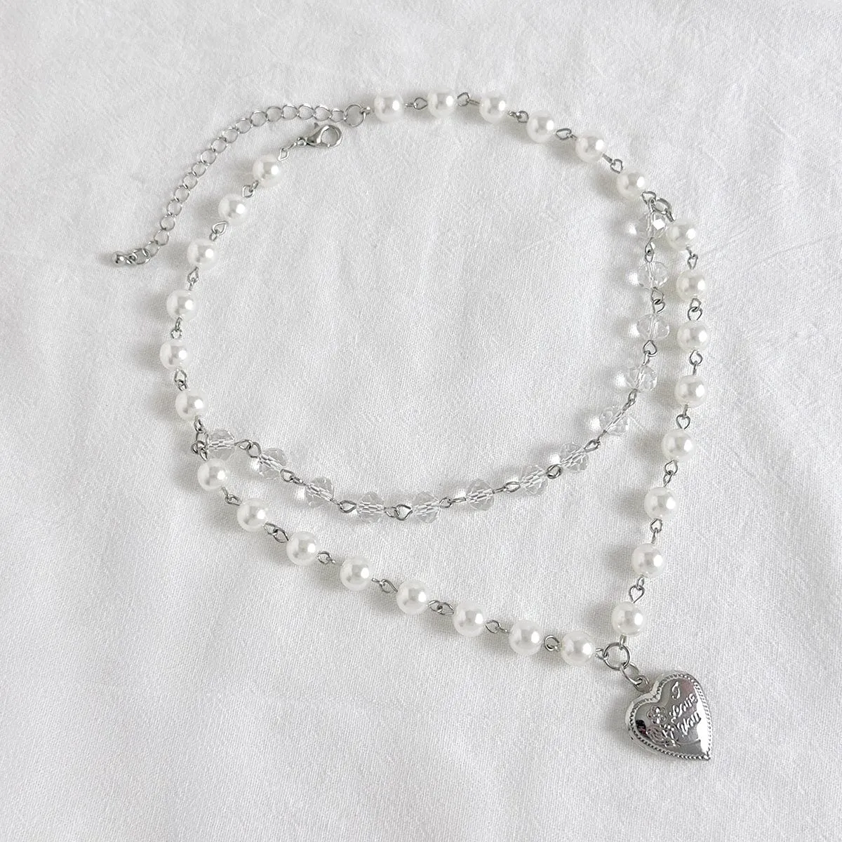 Elegant Layered Floral Heart Pendant Crystal Pearl Chain Necklace