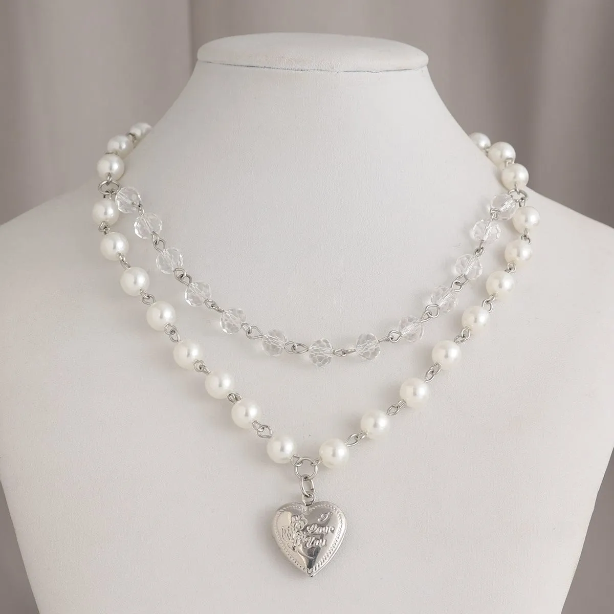 Elegant Layered Floral Heart Pendant Crystal Pearl Chain Necklace